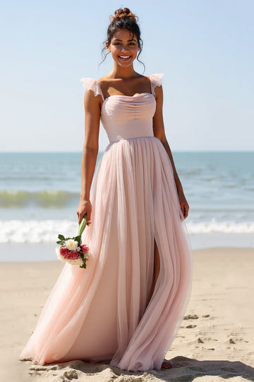 Candy Pink A Line Pleated Long Boho Bridesmaid Dress with Slit